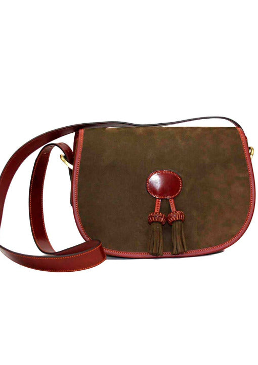 dark green suede cross body purse with tassels