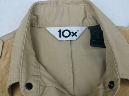 Close-up of a beige jacket collar with a white 10x brand label and a black size tag, showing black snap buttons on the front.