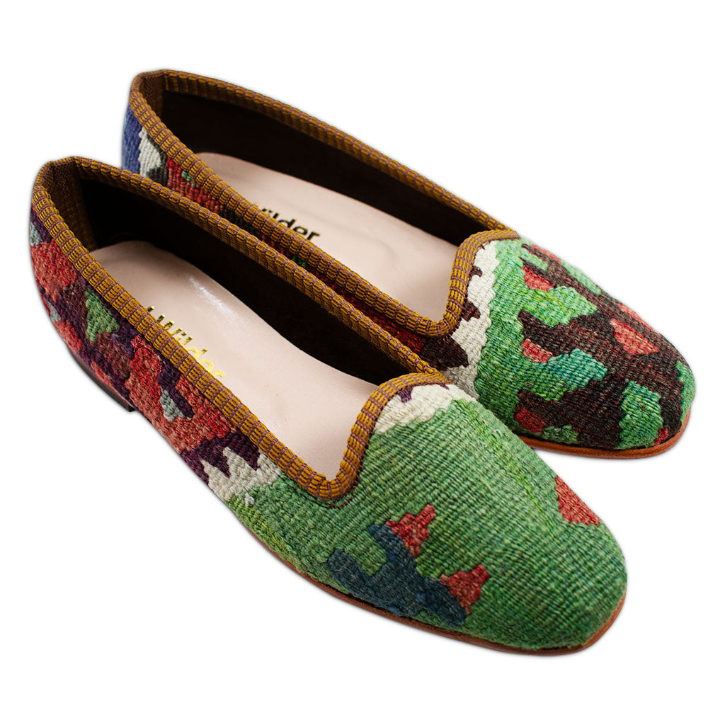 brilliant leaf green kilim women's loafers size 8