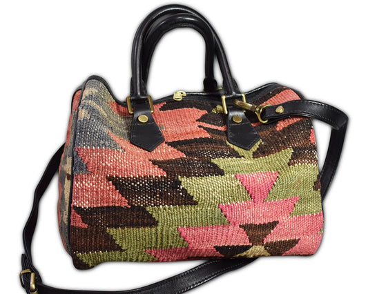 kilim purse with leather trim 