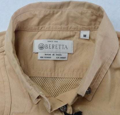Close-up of a beige Beretta shirt collar showing the brand label and a size tag marked M.