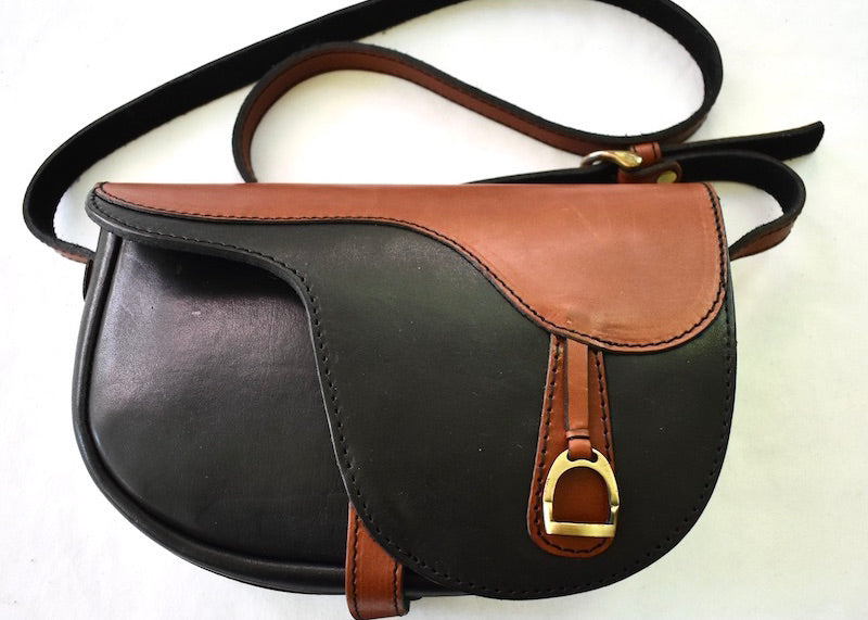 classic handsfree black and tan saddle purse 