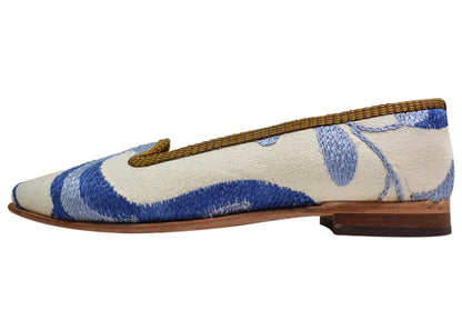 blue and white women's handmade loafers suzani