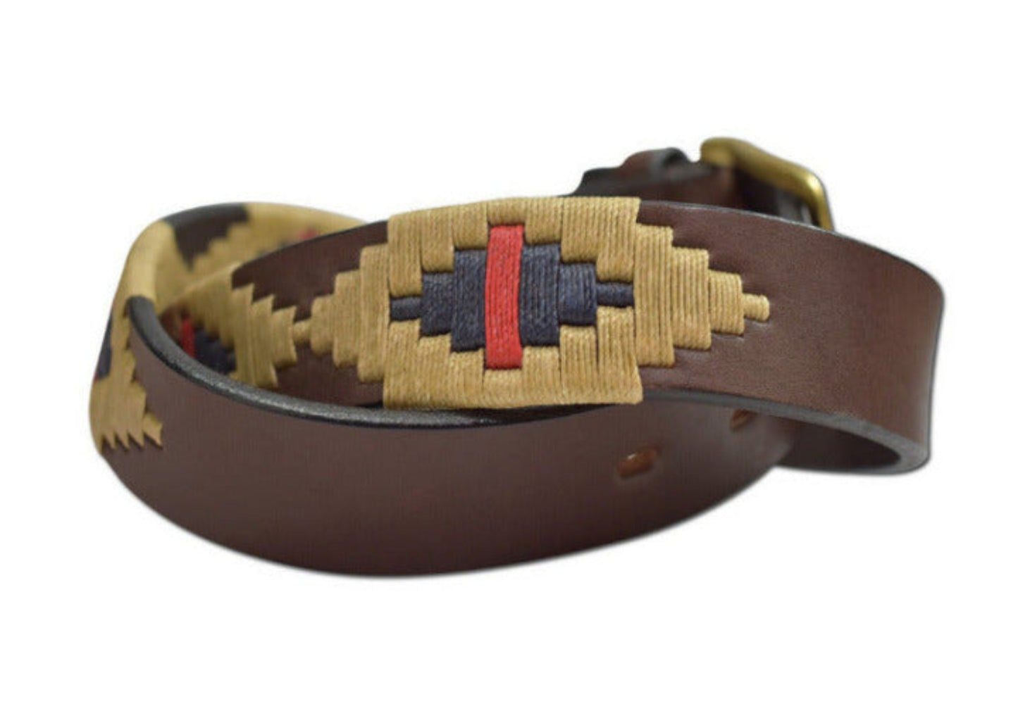 rugged premium brown leather Argentinian polo belt with a navy and natural with a blood stripe. 